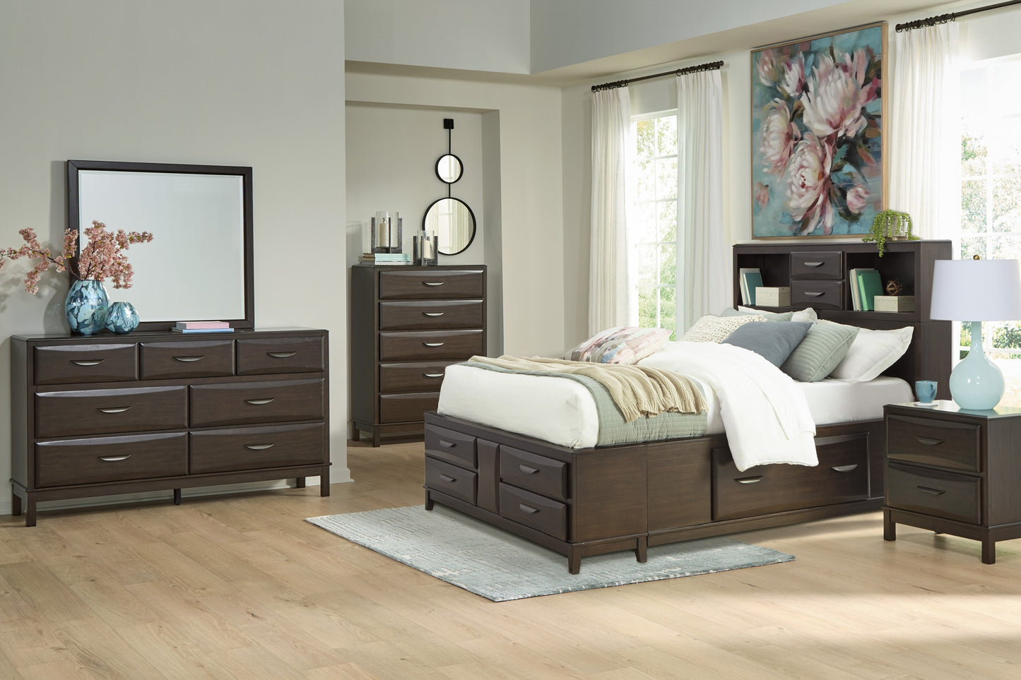 Vanmore Queen Storage Bed with Mirrored Dresser, Chest and Nightstand