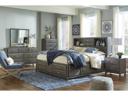 Caitbrook Queen Storage Bed with 8 Storage Drawers with Mirrored Dresser, Chest and Nightstand