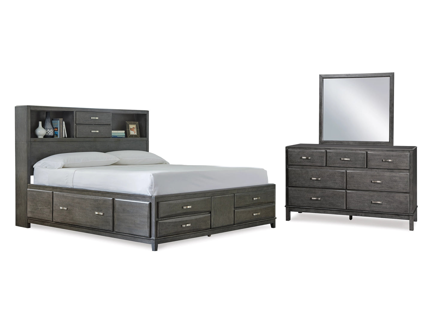 Caitbrook Queen Storage Bed with 8 Storage Drawers with Mirrored Dresser, Chest and Nightstand