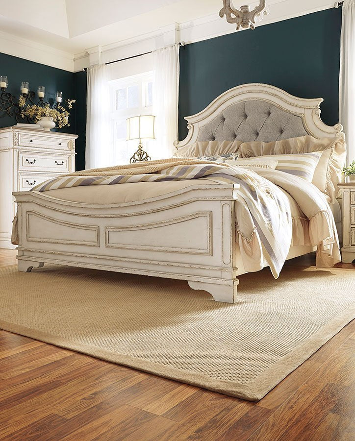 Realyn Queen Upholstered Panel Bed with Mirrored Dresser, Chest and Nightstand