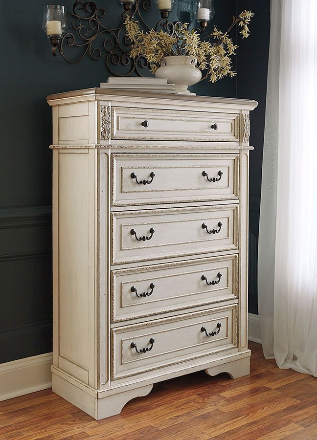 Realyn Queen Upholstered Panel Bed with Mirrored Dresser, Chest and Nightstand